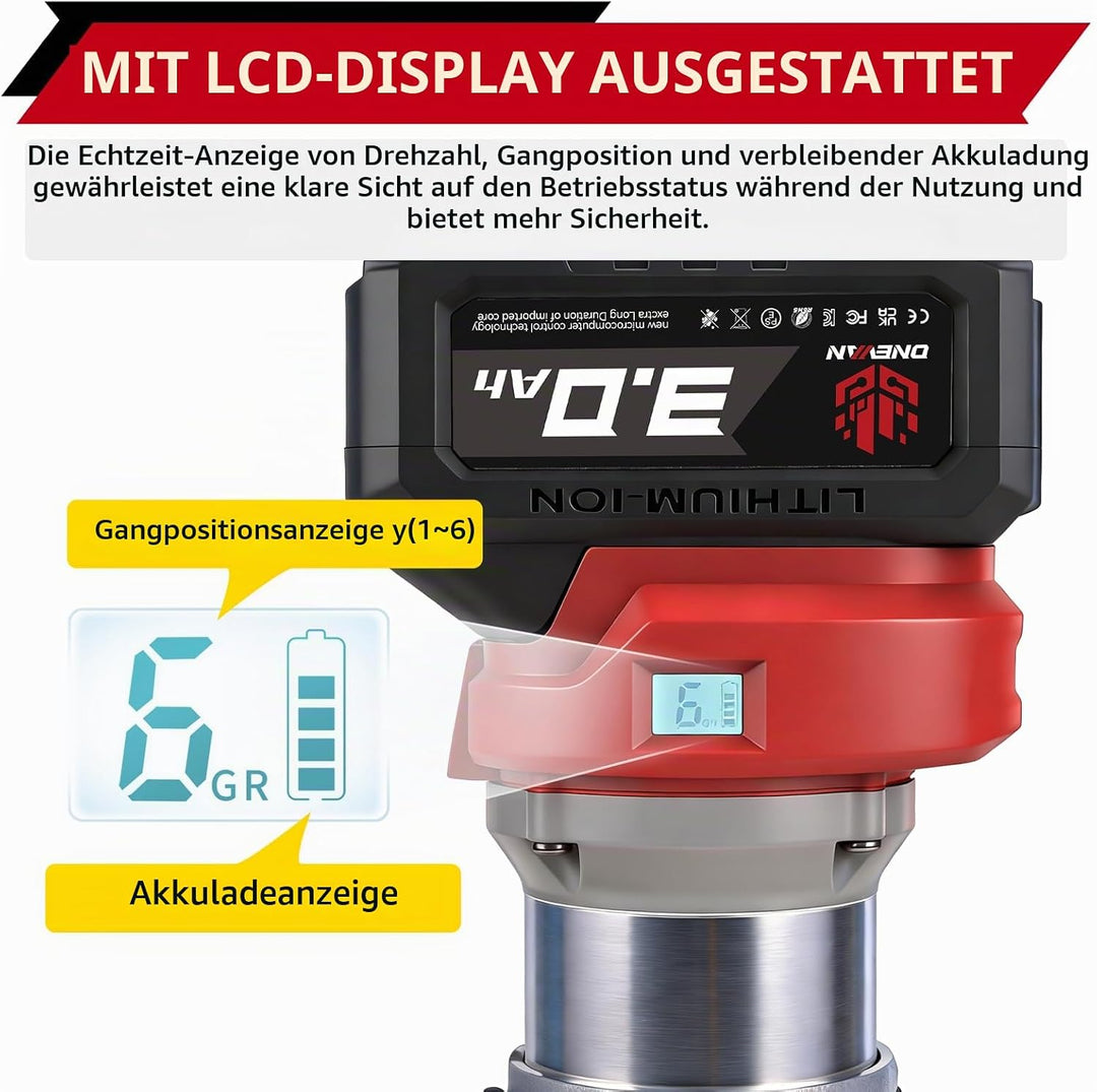 ONEVAN Akku Oberfräse mit Display, Kabellose Kantenfräse 6 Stufen Regelung, 30mm Frästiefe, 3 Spannz
