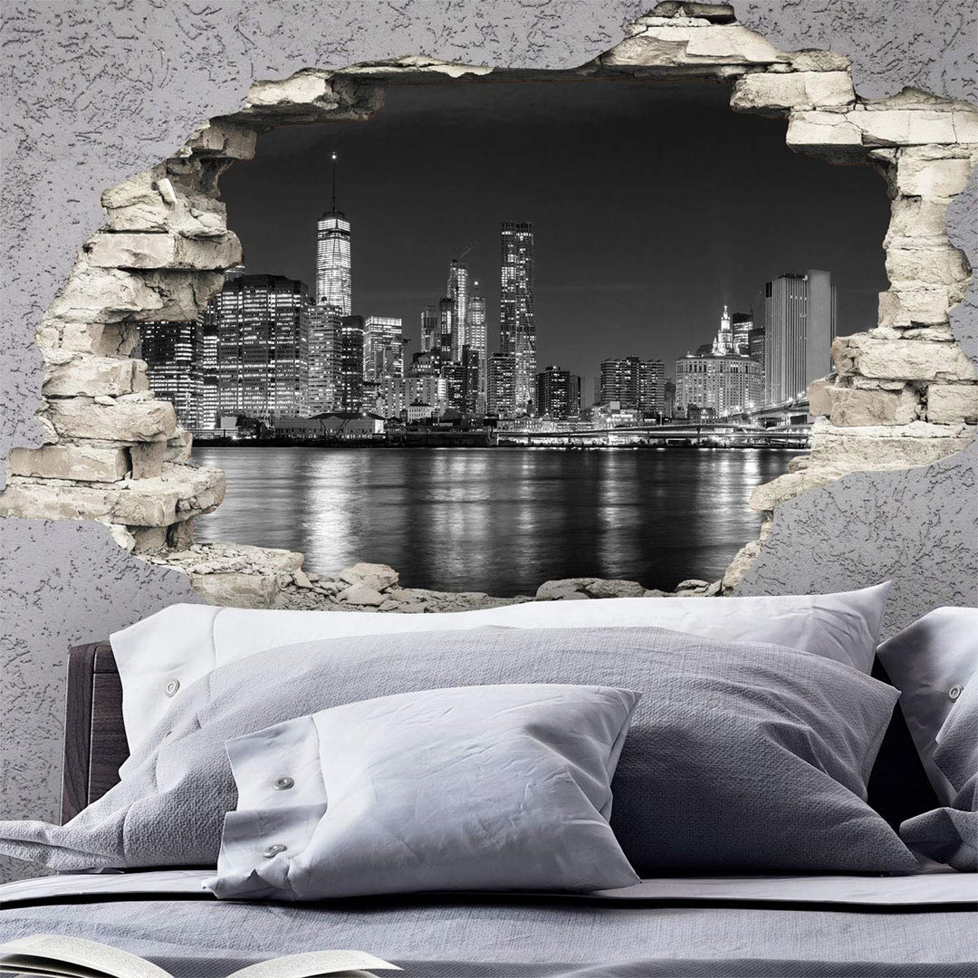Sticker 3D Effekt | Wandaufkleber New York Skyline - Tapete Dekoration optische Täuschung Raum und W