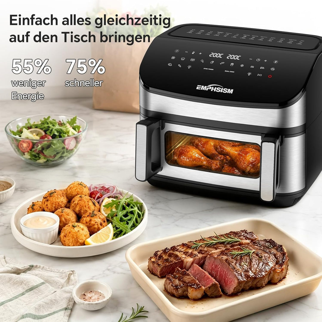Heissluftfritteuse 12L 2 Kammern – 2600W Airfryer, XXL Heissluftfritteuse mit Ober und Unterhitze, 1