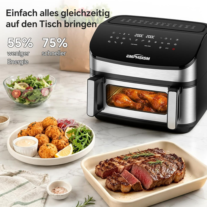 Heissluftfritteuse 12L 2 Kammern – 2600W Airfryer, XXL Heissluftfritteuse mit Ober und Unterhitze, 1