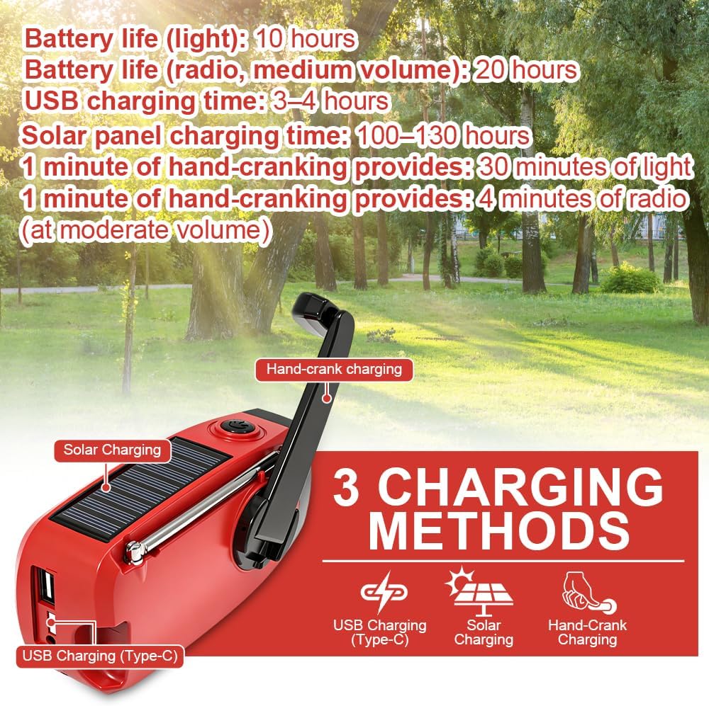 Notfallradio mit Kurbel und Solar, Tragbares Kurbelradio mit LED-Taschenlampe, Aufziehbares Solar No