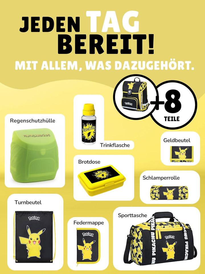 Familando - Schulranzen Set 9-teilig mit Lunch-Set - Pokémon mit Pikachu Motiv - Ergonomisch, stabil