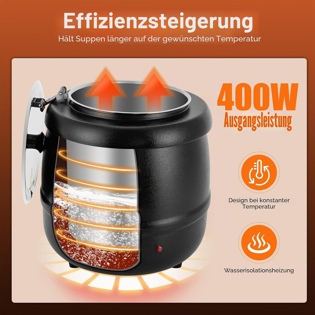 Elektrischer Suppenwärmer 10 Liter, Suppentopf mit Herausnehmbarem Edelstahl Einsatz &amp; Kappbare Deck
