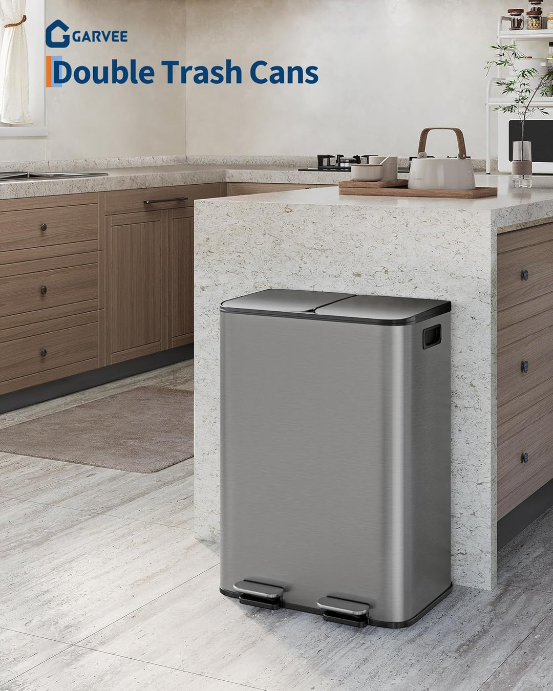 GarveeHome Mülleimer Küche, 2 x 30 L, Mülltrennsystem 2 Fächer, Metall-Tretmülleimer mit Seitlichem