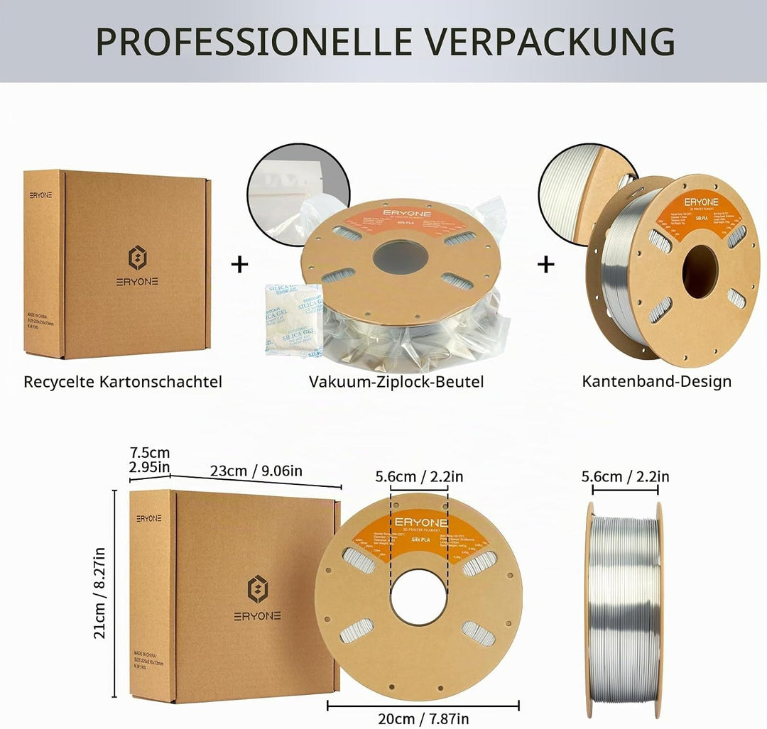 ERYONE Silk PLA Filament 1.75 mm, 3D-Drucker Filament PLA, 0,03 mm, 1 kg/Spule, Silk Silber Silk PLA