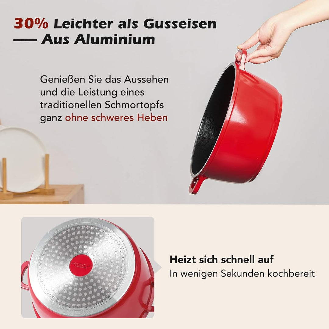 Bräter mit Deckel Schmortopf Induktion 28 cm Dutch Oven Stil, 6,3 L | Brot Backen, leichter als Guss