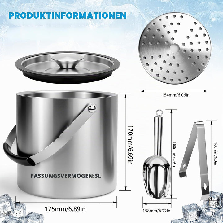 3L Eiswürfelbehälter mit Deckel Eiskübel Edelstahl Eisbehälter für Eiswürfel Doppelwandiger Isoliert
