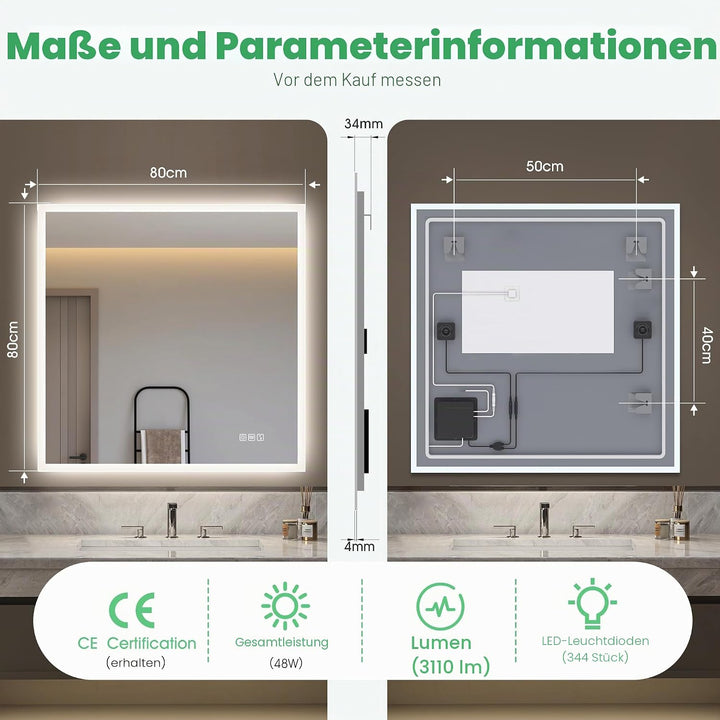 S'bagno Badezimmer-Spiegel-mit-Beleuchtung 80x80cm, LED-Badspiegel-mit-Beleuchtung, Bluetooth, Entfo