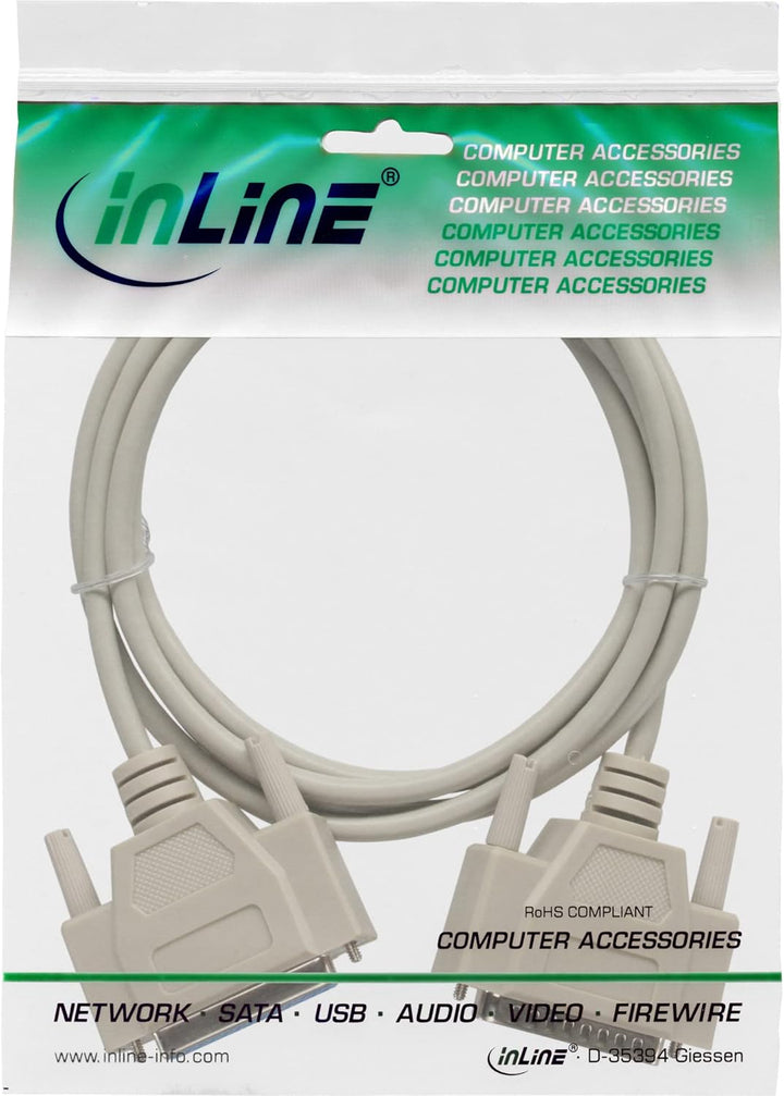 InLine 11402M Serielle Verlängerung, 25pol Stecker / Buchse, vergossen, 1:1 belegt, 20m