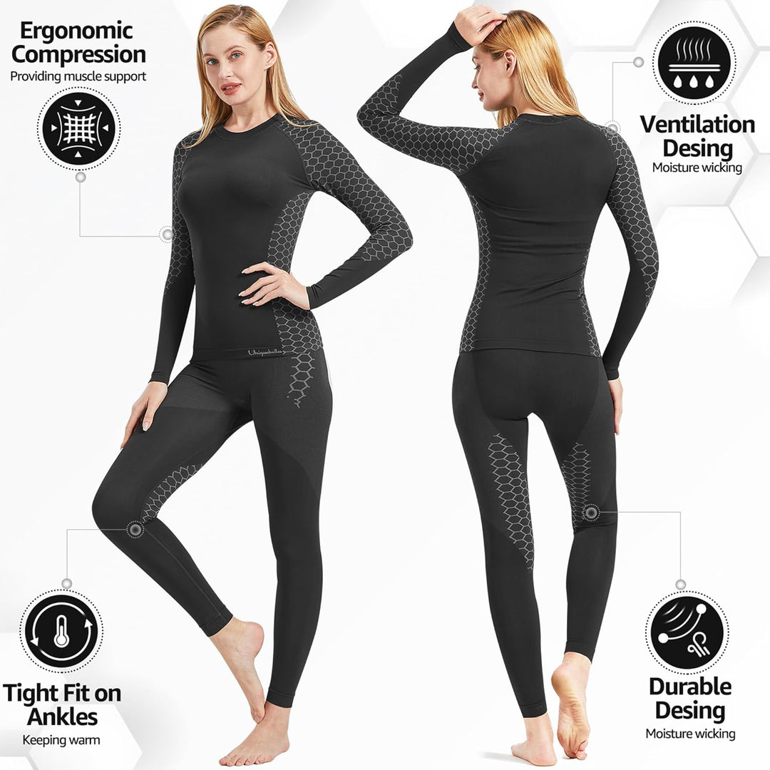 UNIQUEBELLA Damen Thermo-unterwäsche Set, Thermoshirt Damen Langarm, Skiunterwäsche Damen Winter Fun