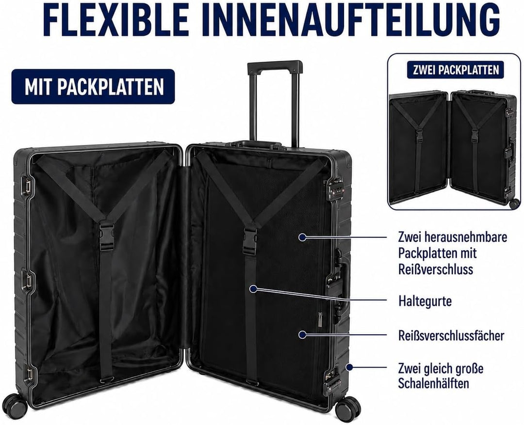 Travelhouse Oslo Alu Reisekoffer Schwarz L-75cm Hartschalenkoffer Reisetrolley Suitecase Trolley 2X
