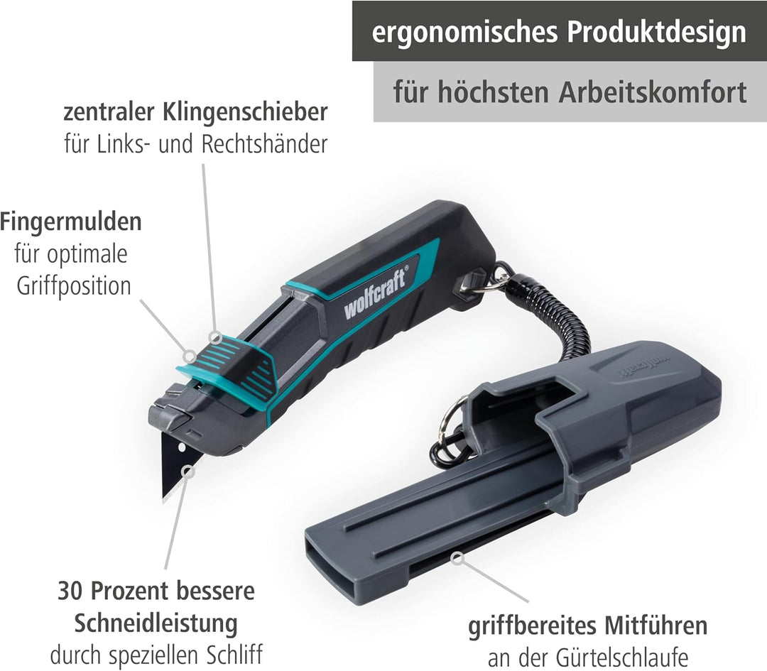 wolfcraft Trapezklingen-Messer-Set PRO SAFETY mit Köcher - 8669060 - Praktisches Set aus Sicherheits