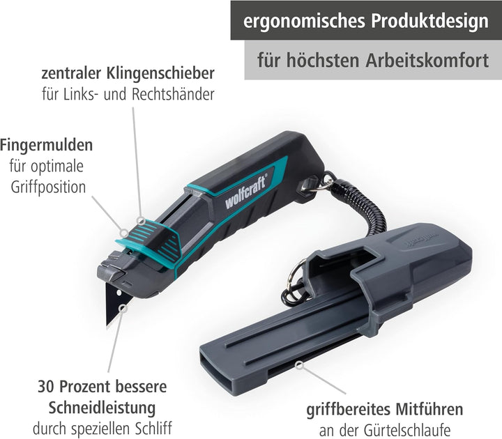 wolfcraft Trapezklingen-Messer-Set PRO SAFETY mit Köcher - 8669060 - Praktisches Set aus Sicherheits