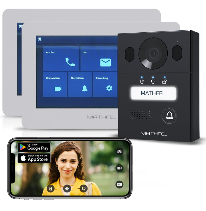Mathfel 2 Draht Bus WLAN Video Türsprechanlage für 1 Teilnehmer, 2X 7 Zoll WLAN Monitor, Anthrazit K