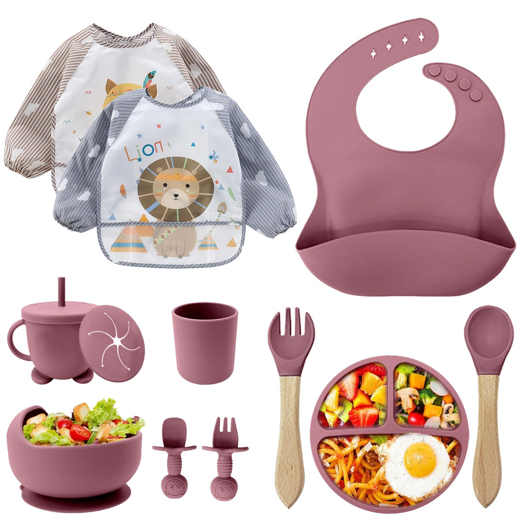 Baby Geschirrset,12er Set Kindergeschirr, Babylöffel,Trinklernbecher,Silikon Lätzchen,Baby Teller Ki
