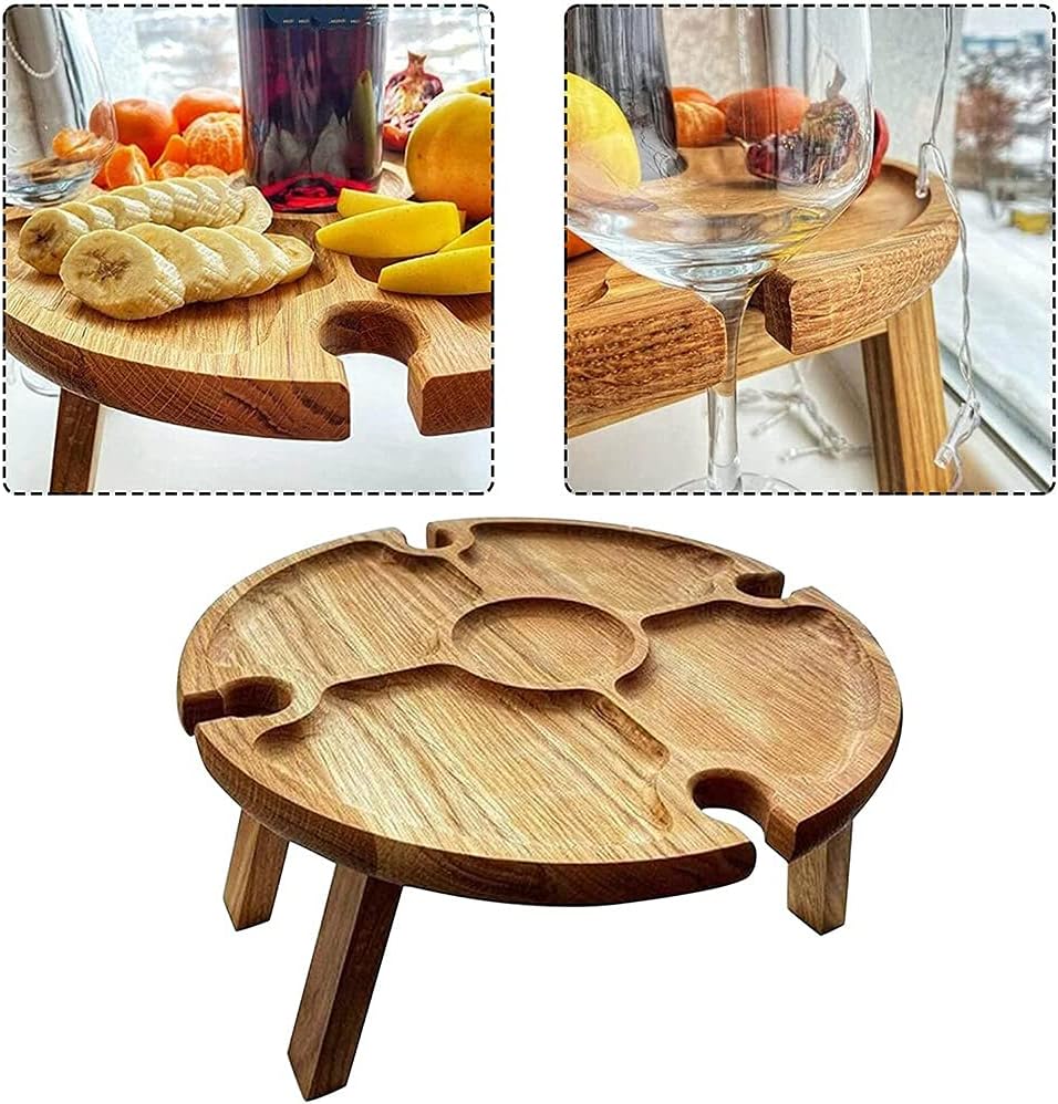 Torribaly Tragbarer Picknicktisch, Mini Campingtisch Rund Holz Gartentisch Klappbar Snackbox, Couchb