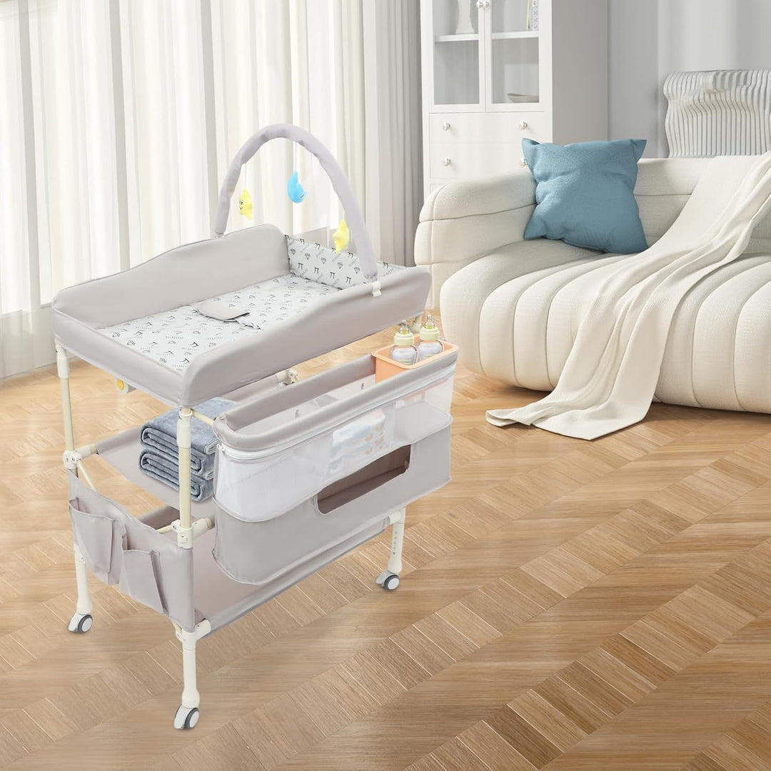 2-in-1 Baby Badewanne &amp; Wickelkommode, Klappbar Wickelkommode mit Korb, Spielzeugregal, Sicherheitsg