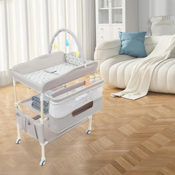 2-in-1 Baby Badewanne &amp; Wickelkommode, Klappbar Wickelkommode mit Korb, Spielzeugregal, Sicherheitsg