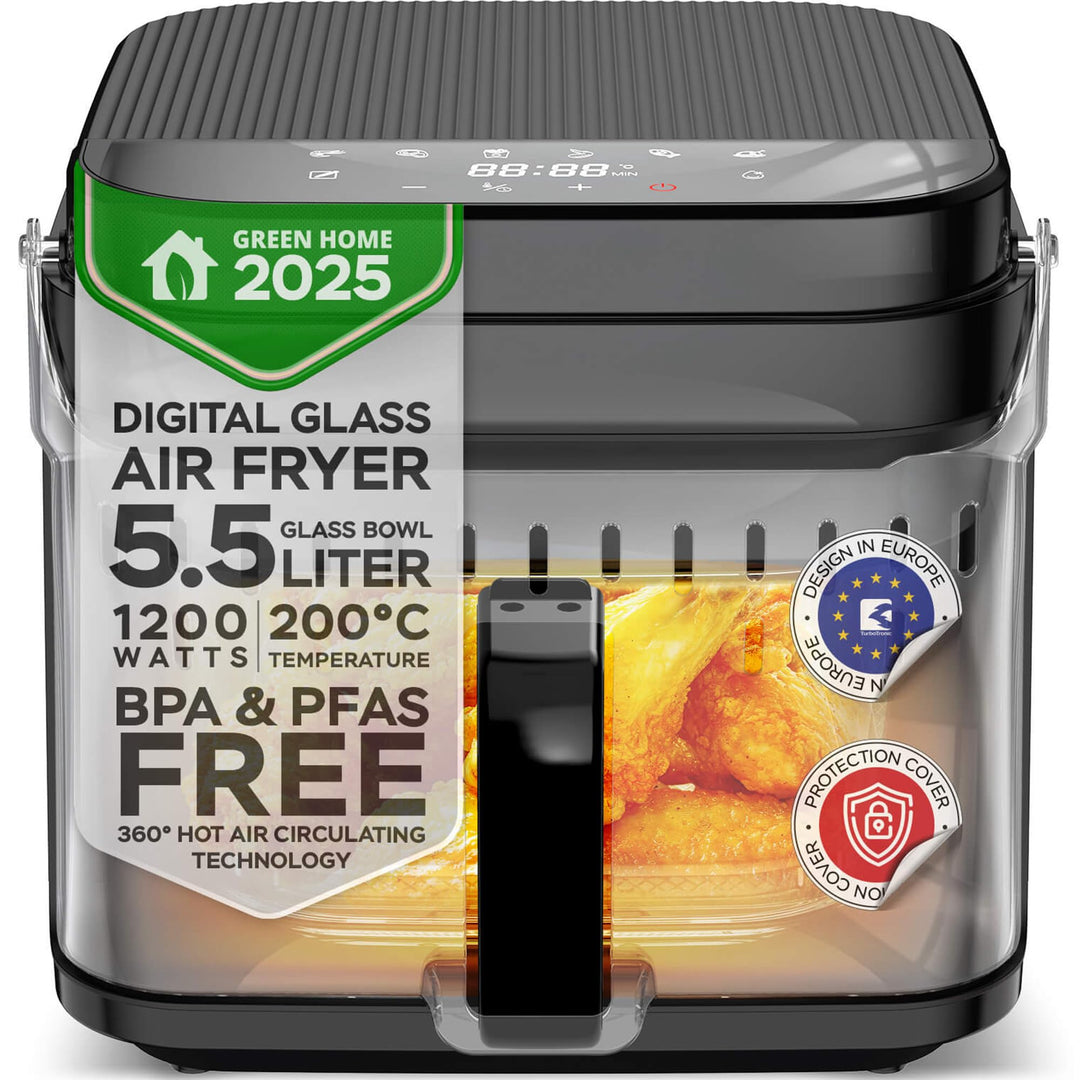 TurboTronic Heissluftfritteuse 5,5L Glas Airfryer – Digitale Heissluft Fritteuse 40–200°C 8 Programm