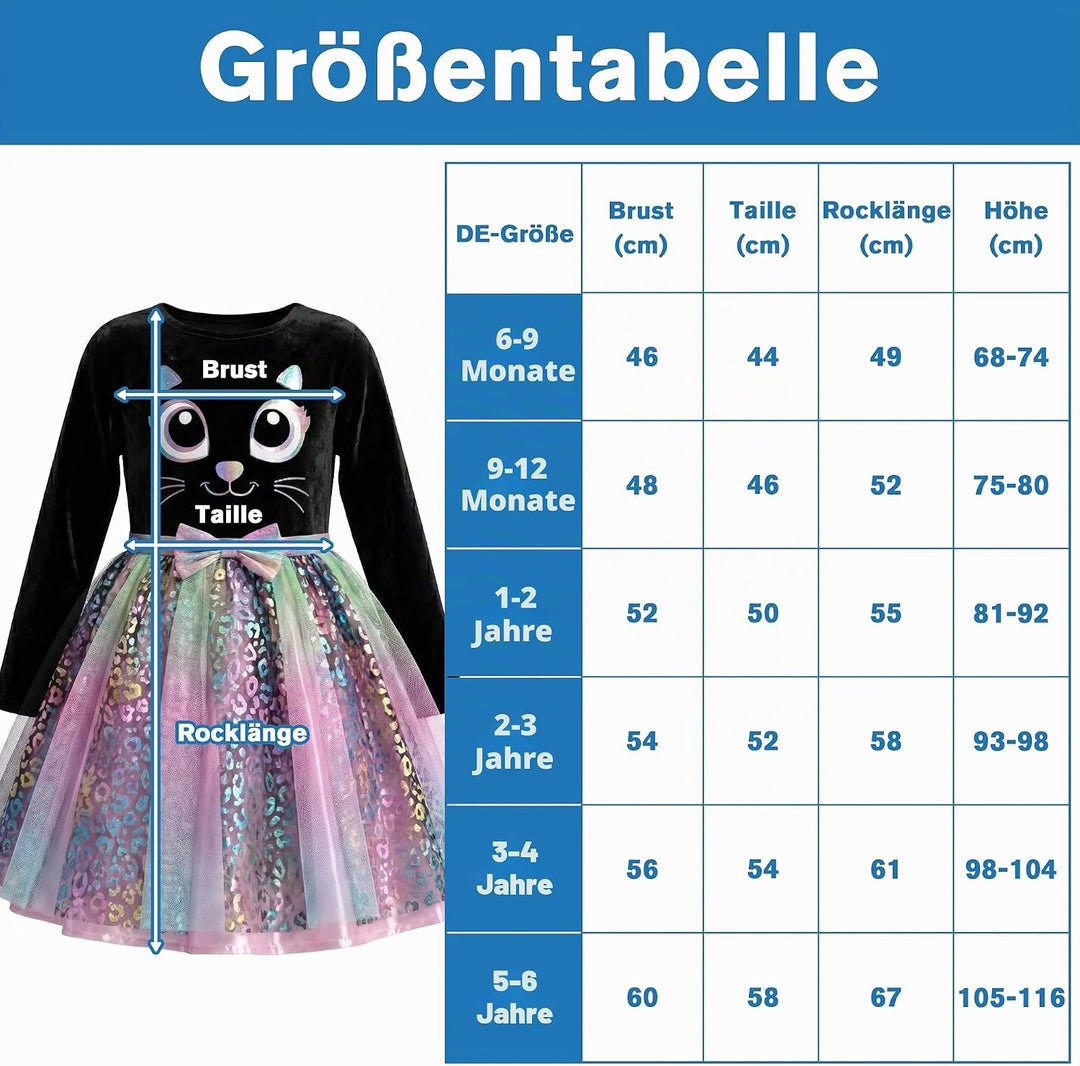 IKALI Baby Mädchen Katzen Kostüm Kleid Süsses Schwarzes Katze Outfit mit Regenbogen Tüllrock Für Kar