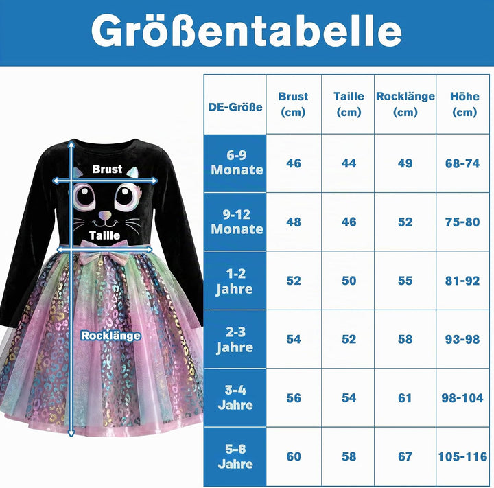 IKALI Baby Mädchen Katzen Kostüm Kleid Süsses Schwarzes Katze Outfit mit Regenbogen Tüllrock Für Kar
