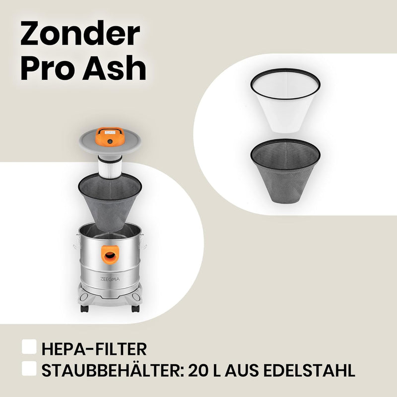 Zeegma ZONDER PRO ASH Trockensauger für Asche und Schutt, Industriestaubsauger 1600W, Edelstahlbehäl