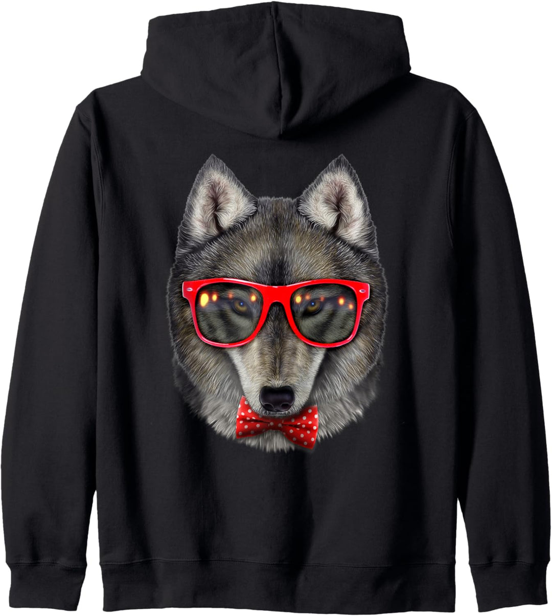 Grauer Wolf, der rote Retro-Sonnenbrille mit Fliege trägt Kapuzenjacke