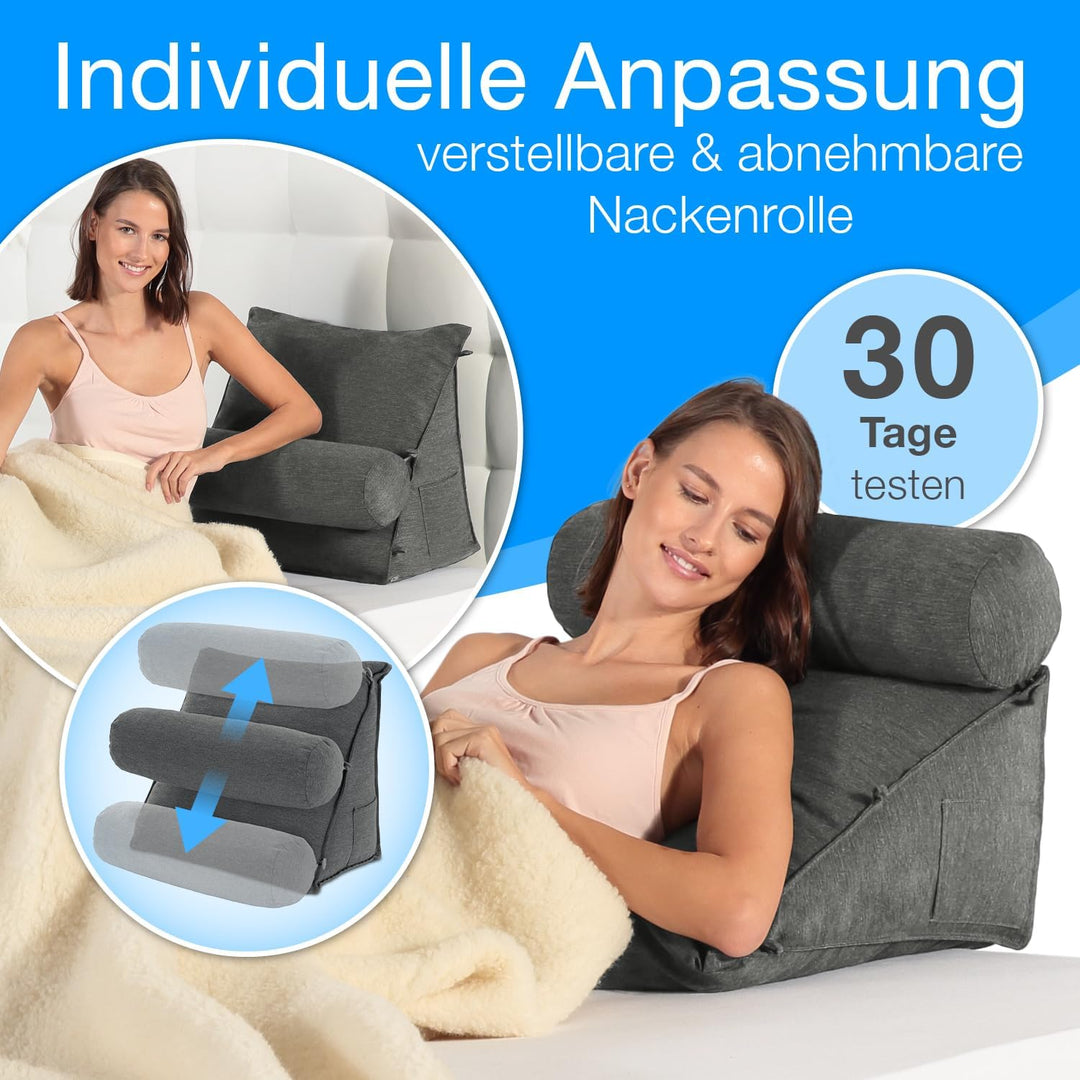 maxVitalis Rückenkissen Bett/Sofa mit Abnehmbarer Nackenrolle und Seitentasche, Rückenstützkissen mi