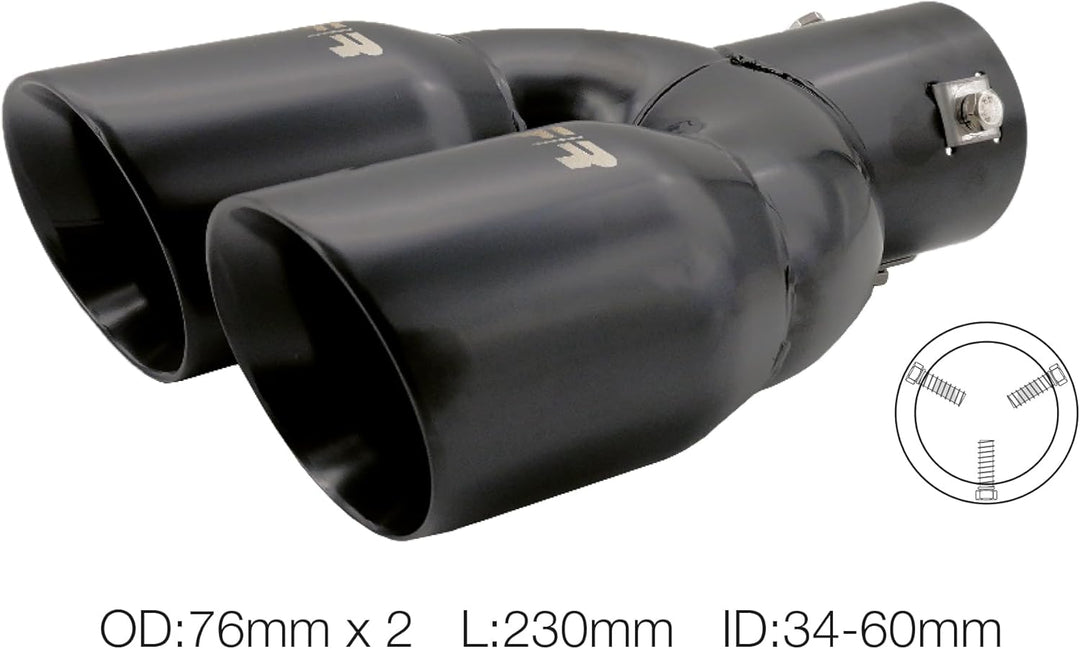 Simoni Racing Auspuffblende Doppelrunde/Schräg Edelstahl Schwarz - 2xØ76xL240mm - Anschluss 34-60mm