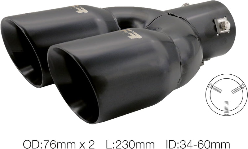 Simoni Racing Auspuffblende Doppelrunde/Schräg Edelstahl Schwarz - 2xØ76xL240mm - Anschluss 34-60mm