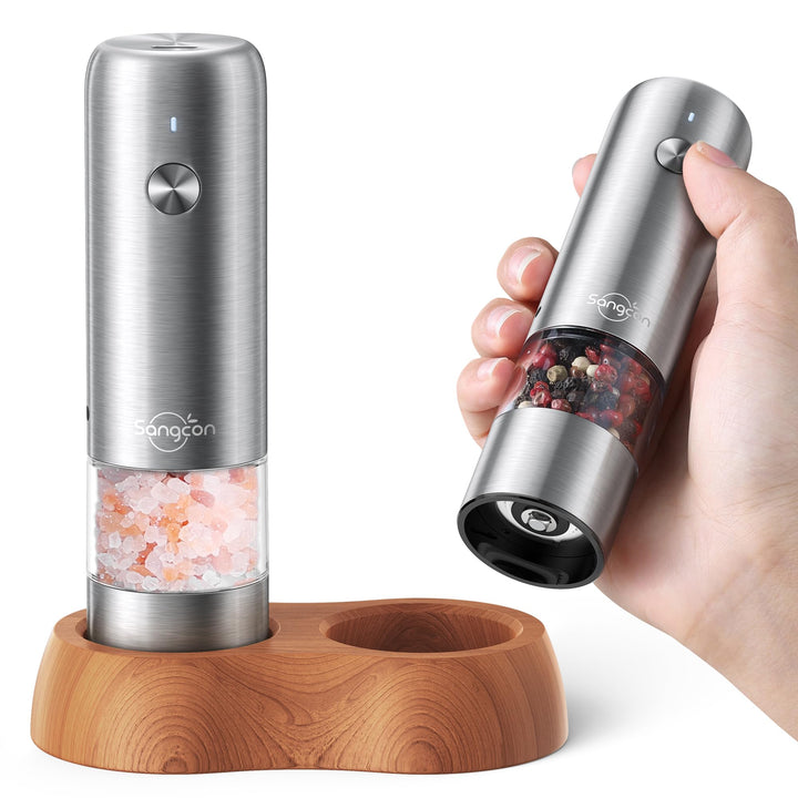 Sangcon Mini Elektrisches Salz- und Pfeffermühlen-Set mit Holzsockel, Tragbare USB Aufladbare Kinder