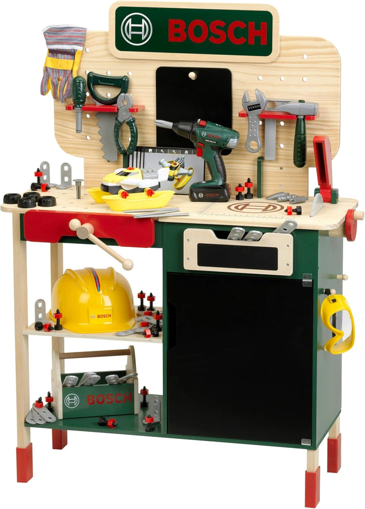 Theo Klein 8734 Bosch Holzwerkbank I Robuste Kinderwerkbank, höhenverstellbar I Elektr. Akkuschraube