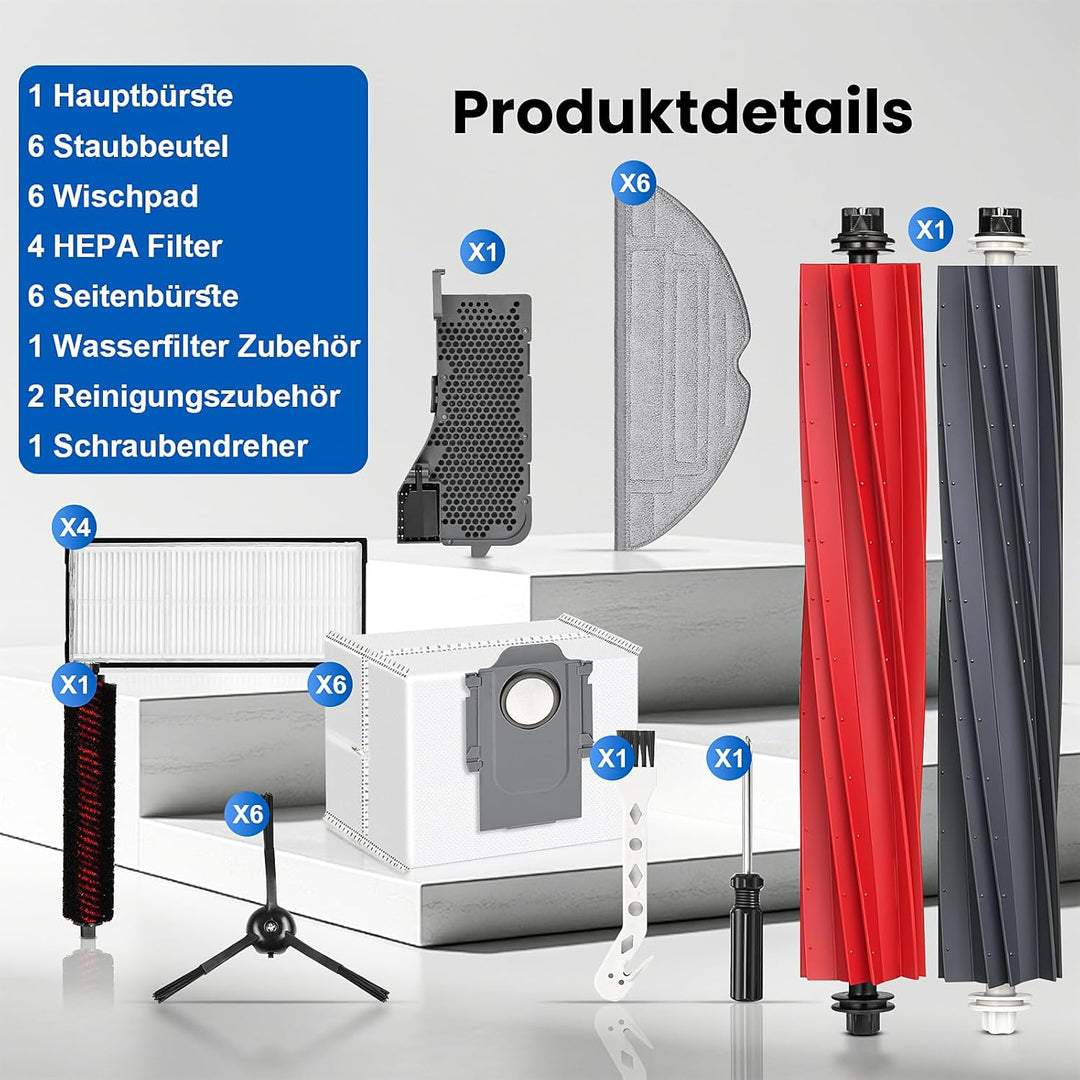 28 Stück Zubehör für Roborock S8 Pro Ultra Saugroboter, Ersatzteile 2 Hauptbürste 6 Staubbeutel 6 Wi