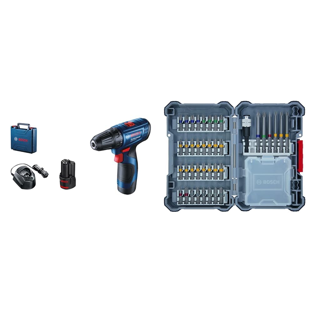 Bosch 06019G8000 GSR 120-LI Akku-Bohrschrauber (2x2,0Ah) + 40tlg. Schrauberbit-Set (Zubehör Bohrschr