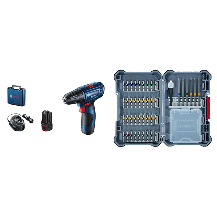 Bosch 06019G8000 GSR 120-LI Akku-Bohrschrauber (2x2,0Ah) + 40tlg. Schrauberbit-Set (Zubehör Bohrschr
