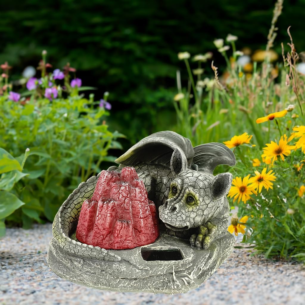 Kremers Schatzkiste Drachenkind am LED Lavastein Feuer 27 cm Drache Figur Gartenfigur Solarfigur Dra