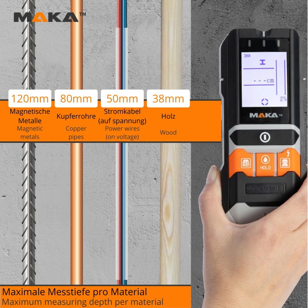 MAKA 5-in-1 Leitungsdetektor und Feuchtigkeitsmesser - Multifunktionaler Wandscanner-Detektor für Ho