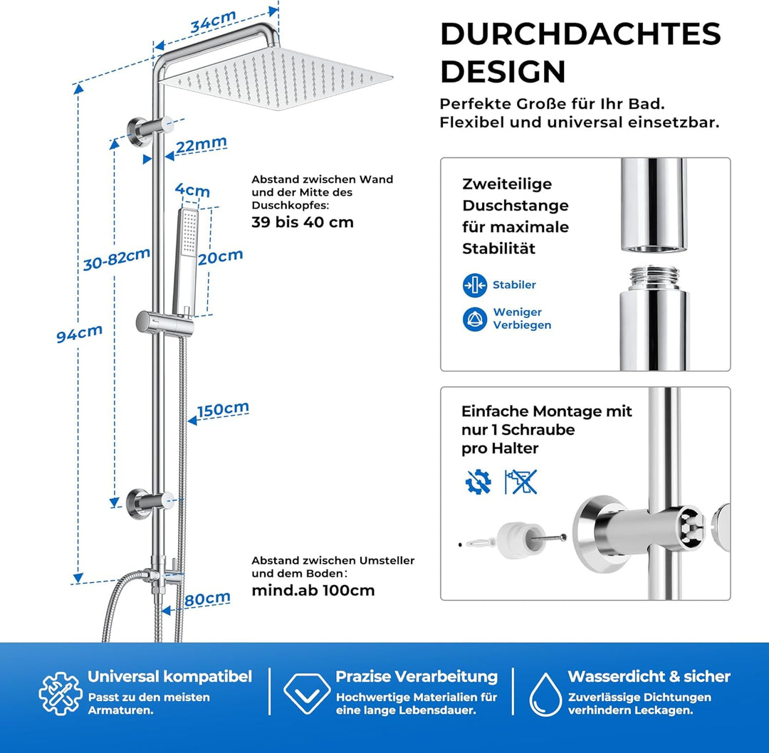 Görbach Edelstahl Duschset ohne Armatur, Chrom Duschsystem mit Regenduschset, Duschgarnitur, Handbra