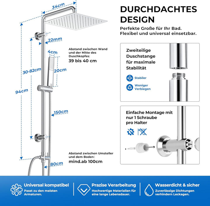 Görbach Edelstahl Duschset ohne Armatur, Chrom Duschsystem mit Regenduschset, Duschgarnitur, Handbra