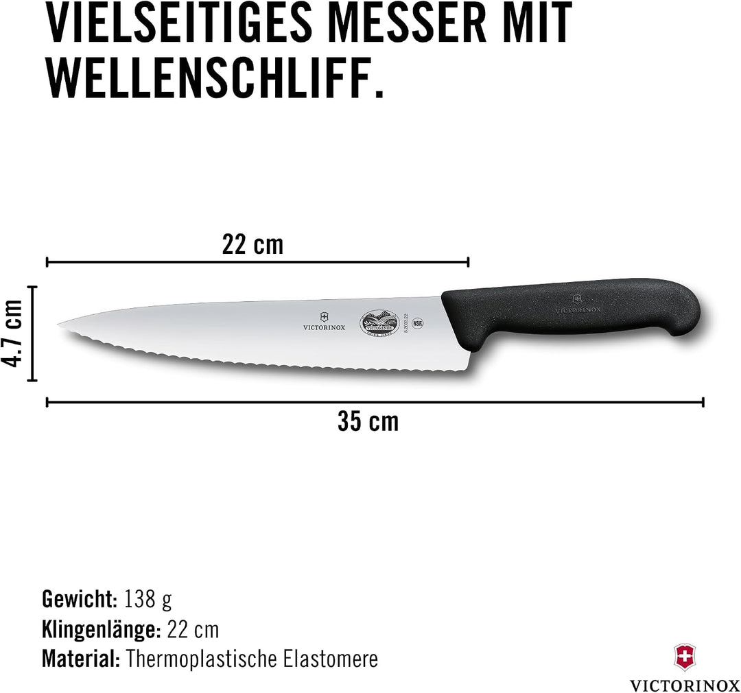 Victorinox Fibrox Kochmesser mit Wellenschliff, Breites Universalmesser für Fleisch, Gemüse und Obst