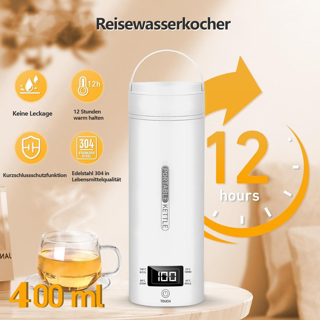 Reise Wasserkocher Klein, 220-240V 500ML Tragbarer Wasserkocher Mini Wassertasse, Heizung Automatisc