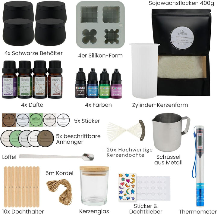 Kerzen selber machen Set – DIY Kerzen Giessset & Kerzenherstellung Bastelset mit Silikonformen, Soja