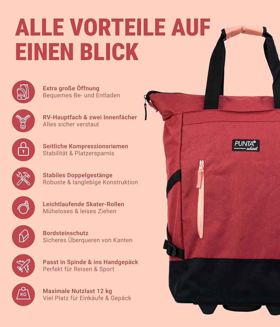 Punta® Einkaufstrolley 33L Weinrot | Einkaufstrolley modern mit Skater-Rollen – leise & leichtgängig