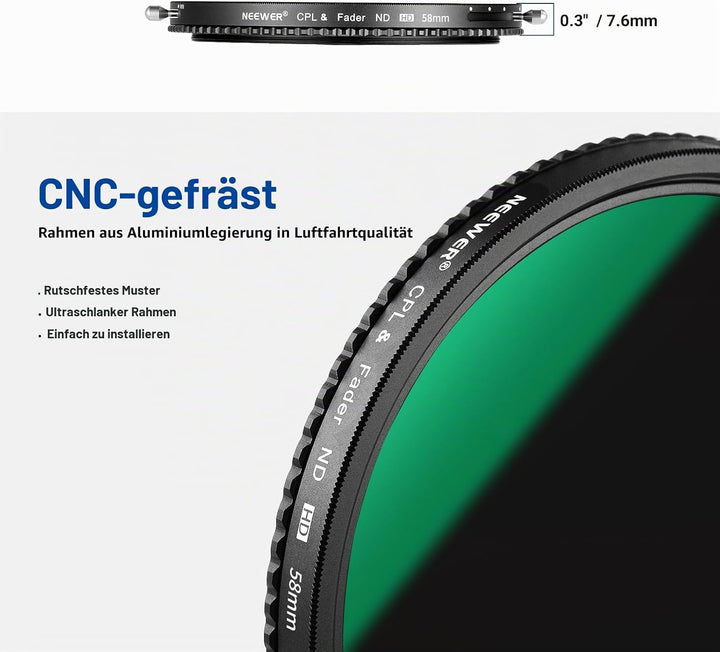 NEEWER 2 in 1 58mm Variable ND Filter ND2-ND32&amp;CPL (Zirkular Polfilter) No X Cross Variabel Graufilt