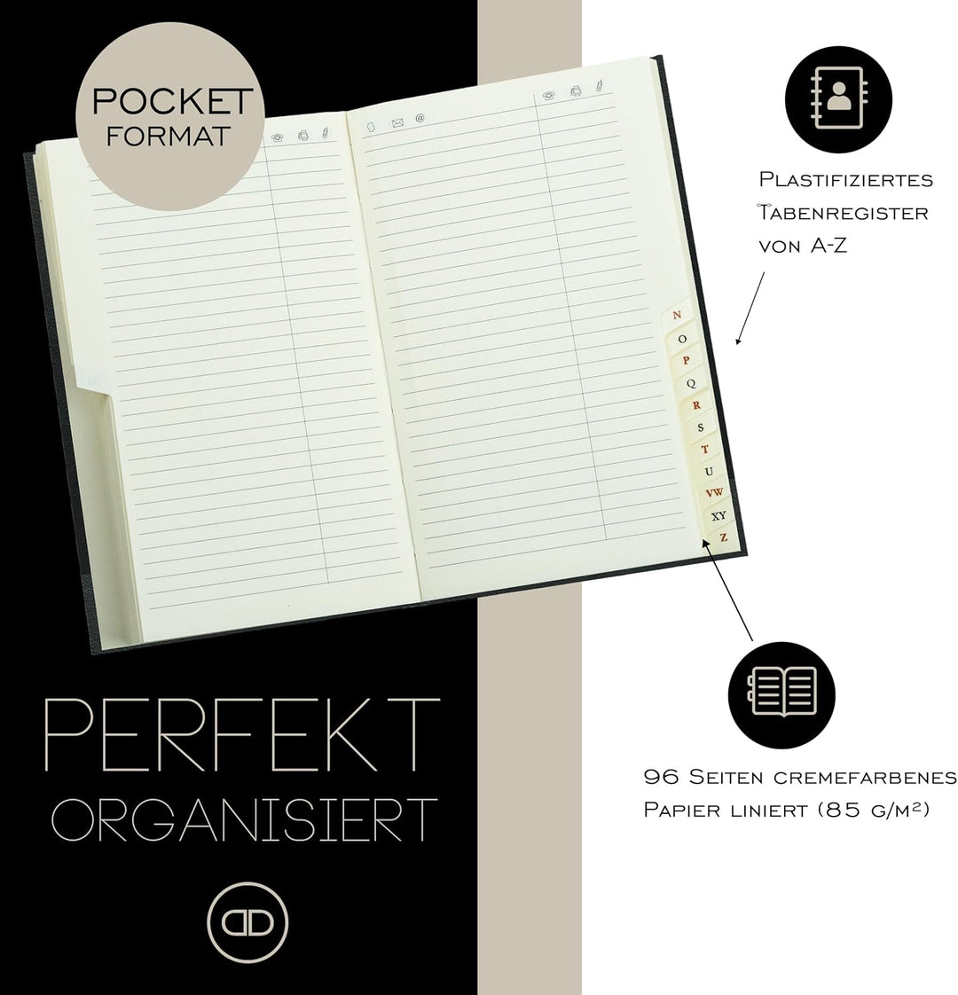 DELMON VARONE - Personalisierbares Adressbuch DIN A7 gebunden mit A-Z Register Anilin Vintage Premiu
