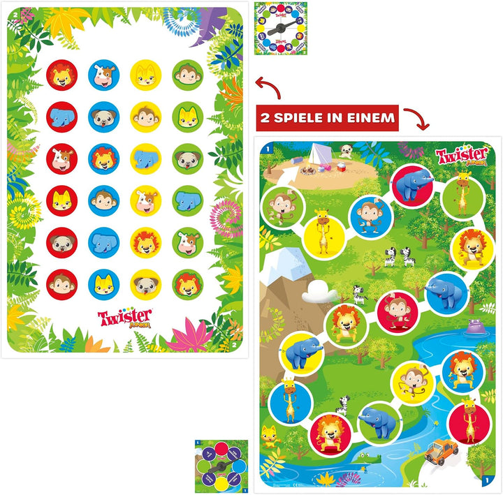 Hasbro Twister Junior Spiel, Tierisches Vergnügen, doppelseitige Matte, 2 Spiele in einem, Partyspie