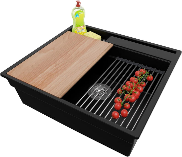 Spülbecken Schwarz 58x53 cm, Granitspüle + Ablauf-Set + aufrollbare Abtropffläche, Küchenspüle für 6
