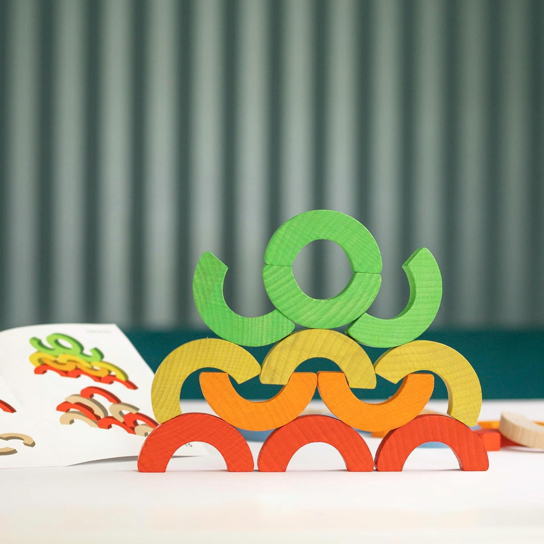 Holz-Mosaik Balancierspiel 24 Regenbogen-Halbkreise | Montessori Lernspielzeug zur Förderung von Fei
