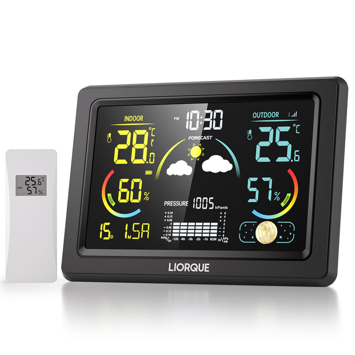 LIORQUE Wetterstation Funk mit Aussensensor, DCF Funkuhr, Funkwetterstation mit Wettervorhersage, In