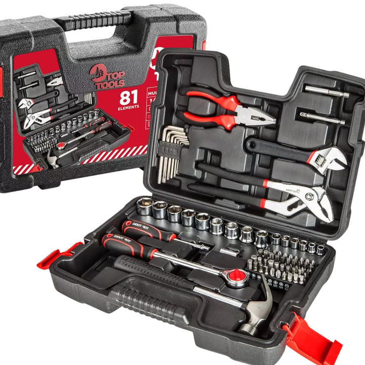 TOP TOOLS Werkzeugkoffer 81-teilig 1/4 & 1/2 Zoll – Steckschlüsselsatz mit Knarre, Zangen, Hammer &